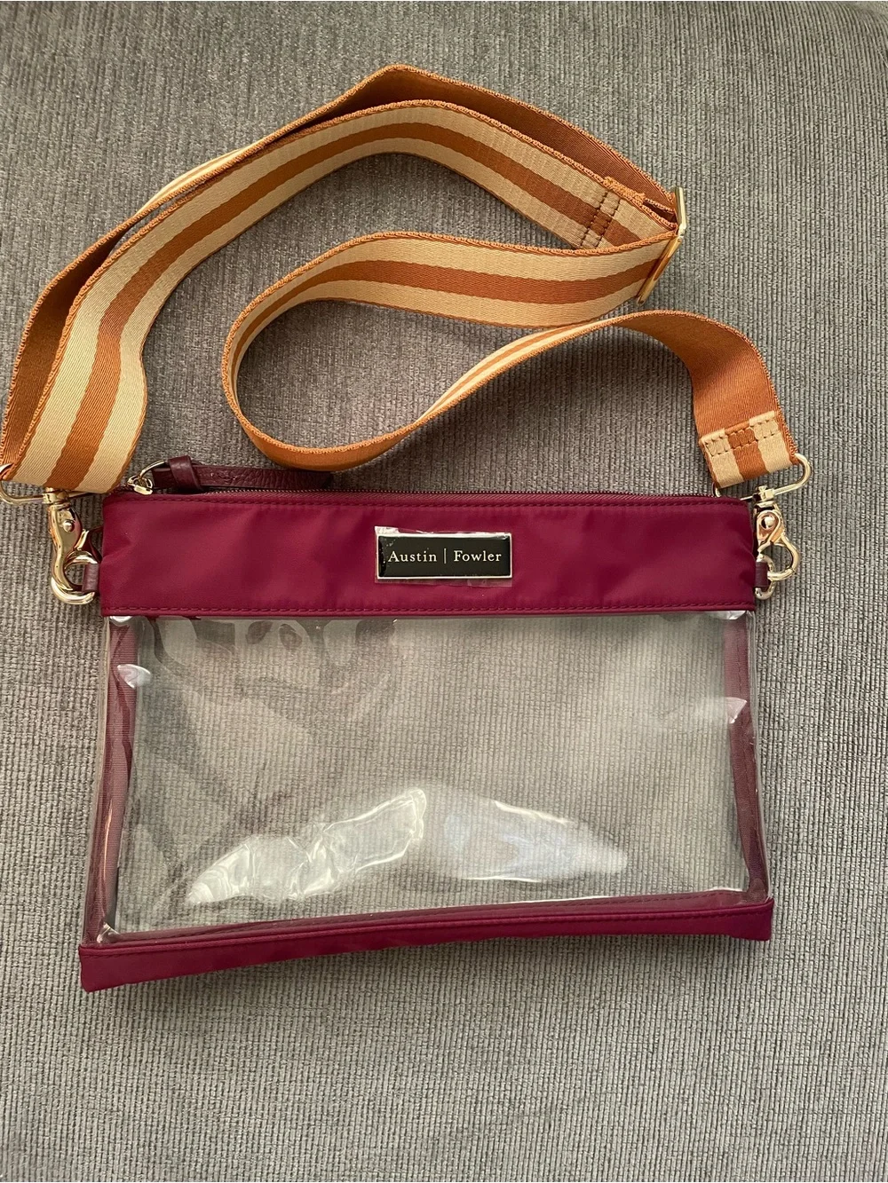 Austin / Flower Burgundy Clear Crossbody Bag with Striped Tan Strap